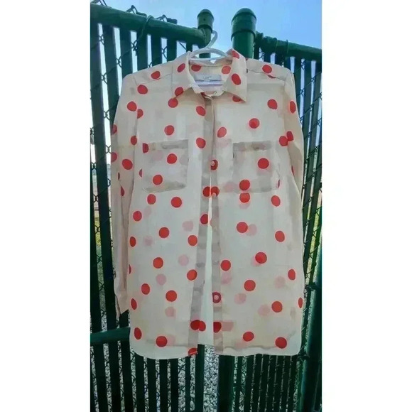 Ann Taylor Loft women's semi sheer beige and red polka dot blouse size M - Picture 1 of 7